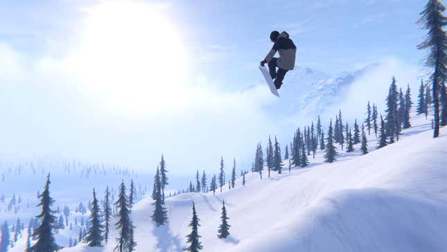 A snowboarder holds a stylish nose grab in Shredders, one of the best games on Xbox Game Pass.