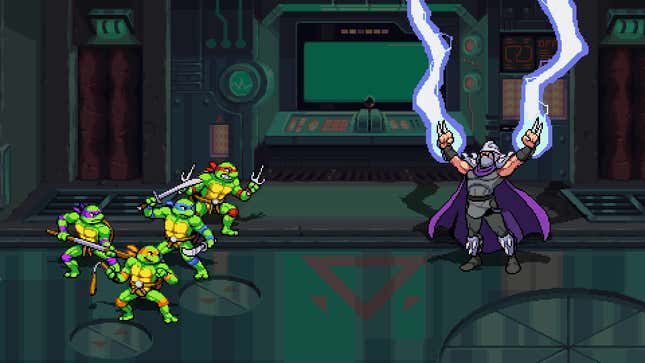 The Teenage Mutant Ninja Turtles face off against Shredder, who is gathering energy in his hands.
